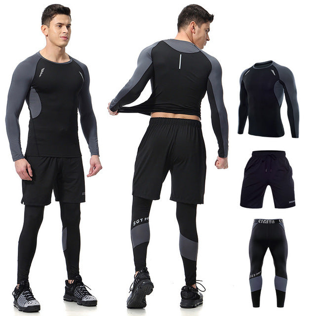 Mens Quick Dry Long Sleeve 3 PCS Running Suit 2019 Gym Fitness Clothing Male Workout Sports Set Clothes Athletic Yoga Sportswear