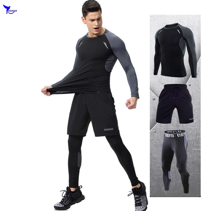 Quick Dry Men's 3 PCS Sports Suit Gym Fitness Clothing Running Set Long Sleeve Workout Jogging Clothes Athletic Yoga Sportswear