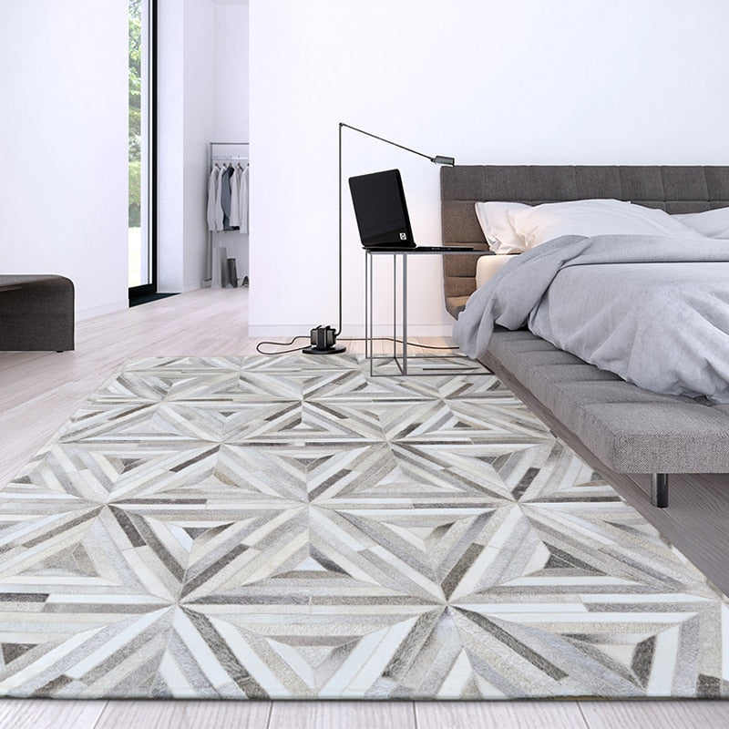 Nordi style luxury cowhide seamed patchwork rug natural cow skin gray triangles carpet for living room bedroom decoration mat