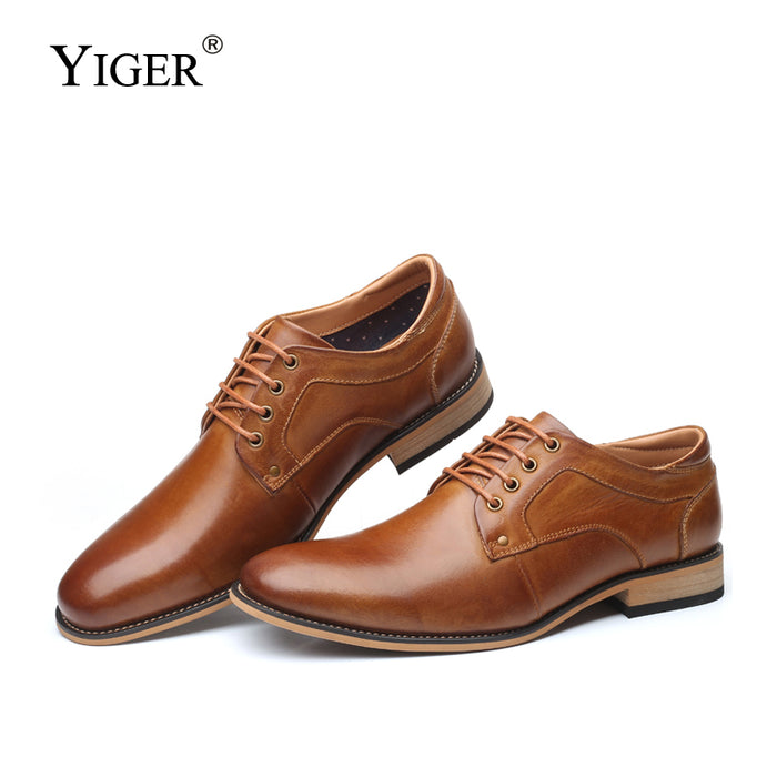 YIGER New Men dress shoes Man formal lace-up shoes Large size Genuine leather business shoes male Increased men's shoes   0301