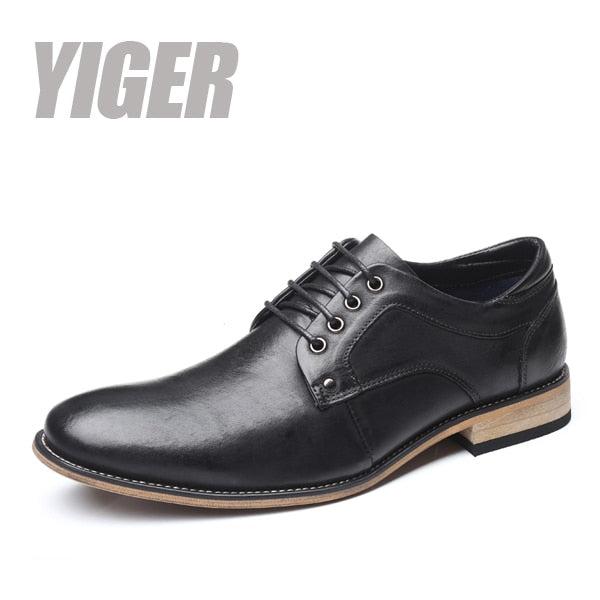 YIGER New Men dress shoes Man formal lace-up shoes Large size Genuine leather business shoes male Increased men's shoes   0301