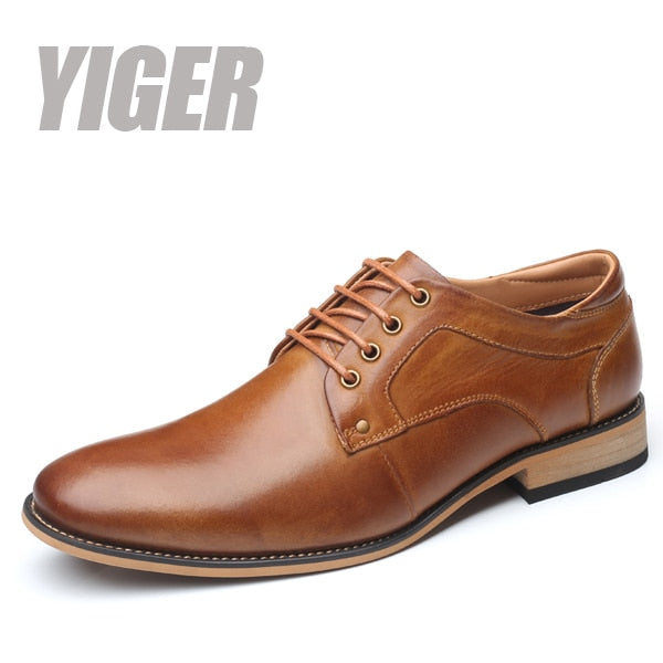 YIGER New Men dress shoes Man formal lace-up shoes Large size Genuine leather business shoes male Increased men's shoes   0301