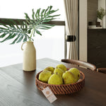 Set 2 Pack Round Rattan Wicker Tray with Mother of Pearl Inlay Wooden Base and Insert Handle for Home Decor and Display