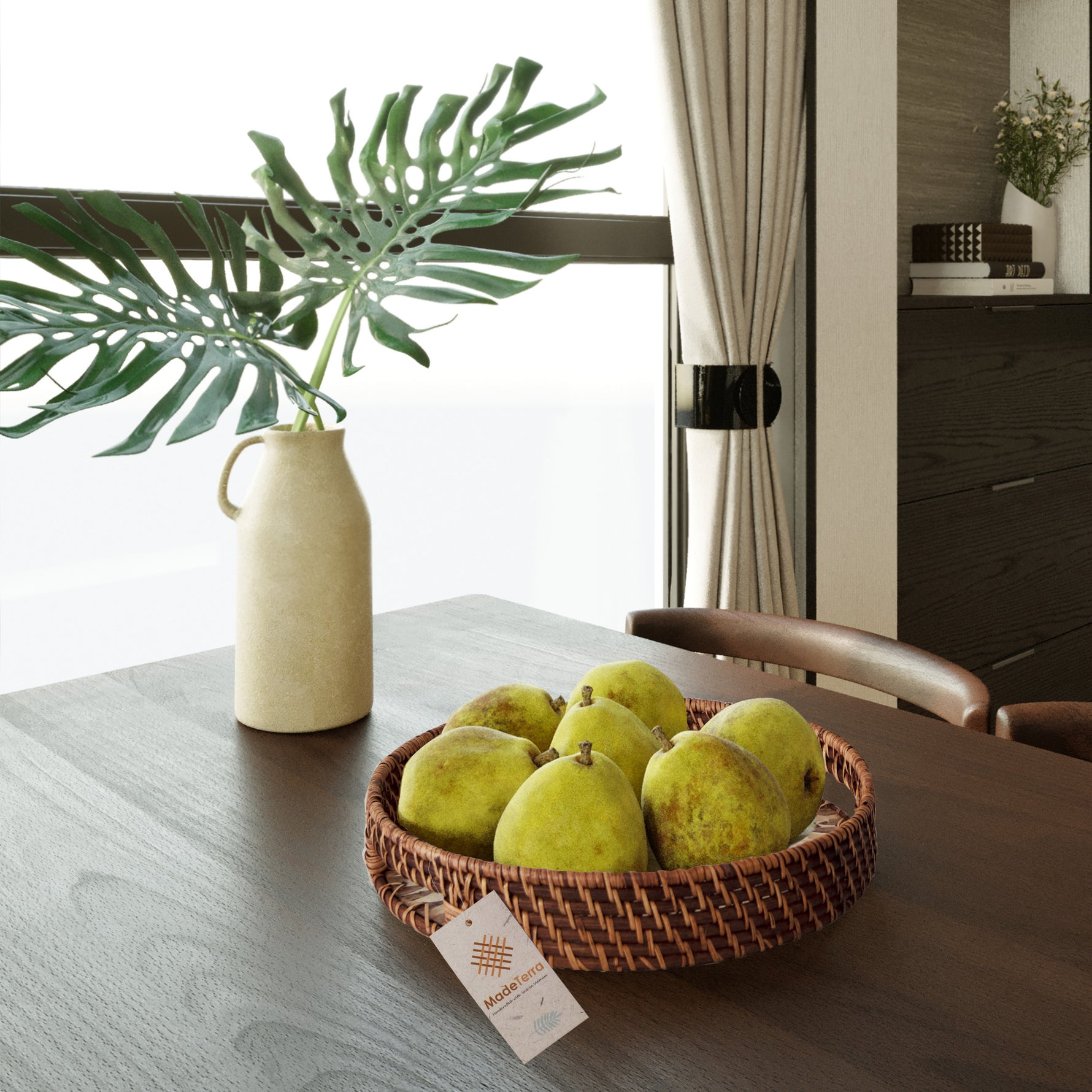 Set 2 Pack Round Rattan Wicker Tray with Mother of Pearl Inlay Wooden Base and Insert Handle for Home Decor and Display