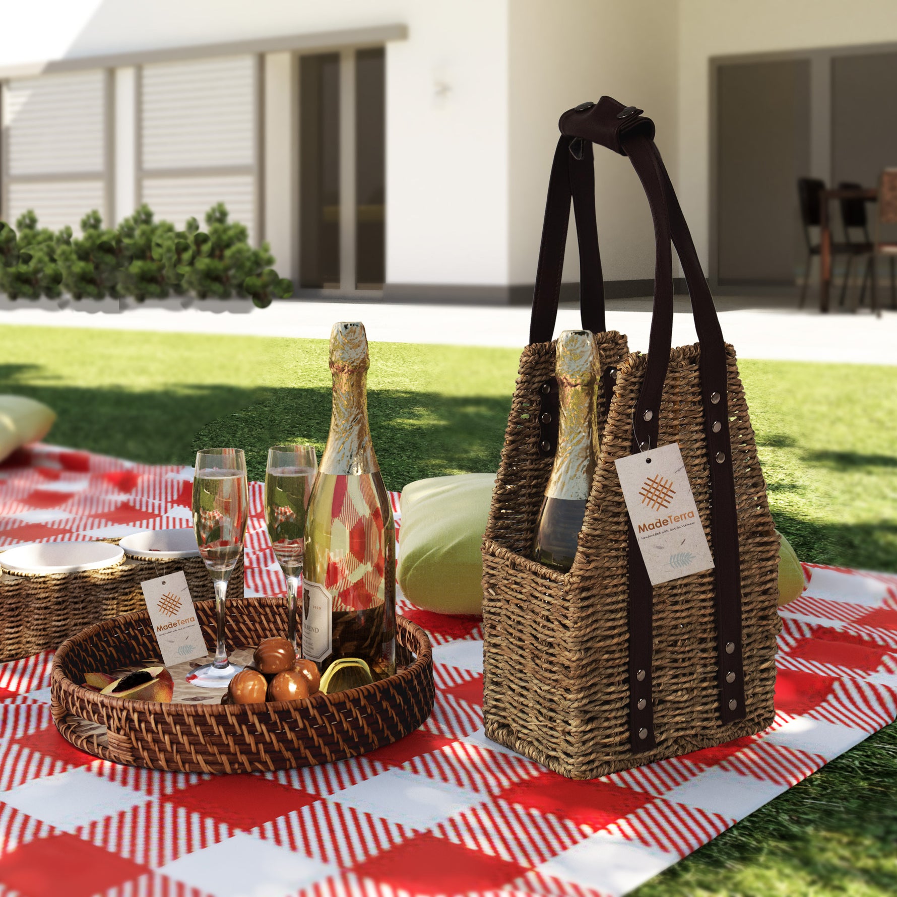 Set 2 Pack Round Rattan Wicker Tray with Mother of Pearl Inlay Wooden Base and Insert Handle for Home Decor and Display