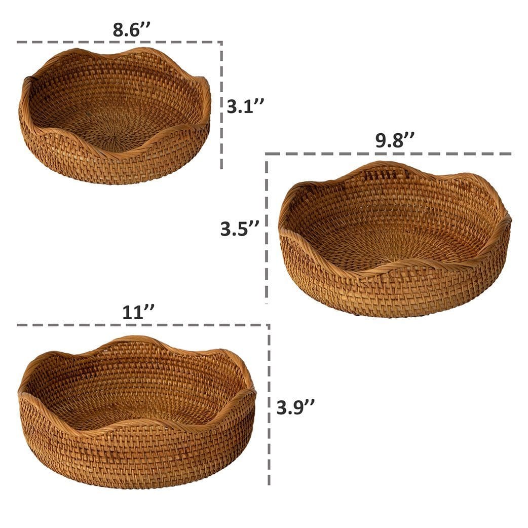 Rattan Wicker Woven Display Bowl for Fruit, Food, Bread Serving Basket | Rustic Circular Straw Tray Basket Storage Decorative (Flower Shape)