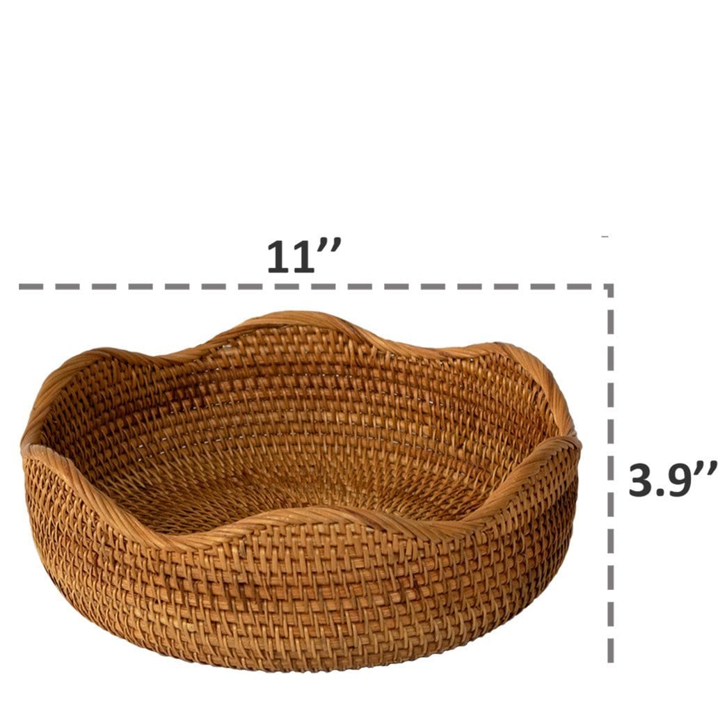 Rattan Wicker Woven Display Bowl for Fruit, Food, Bread Serving Basket | Rustic Circular Straw Tray Basket Storage Decorative (Flower Shape)
