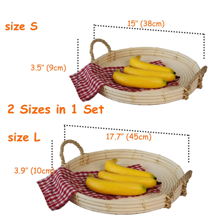 Set of 2 Round Wicker Serving Trays and Coffee Trays with Rope Handles for Kitchen Servings and Home Decoration