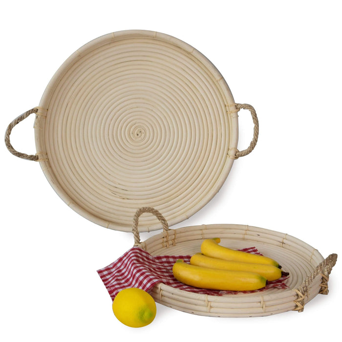 Set of 2 Round Wicker Serving Trays and Coffee Trays with Rope Handles for Kitchen Servings and Home Decoration