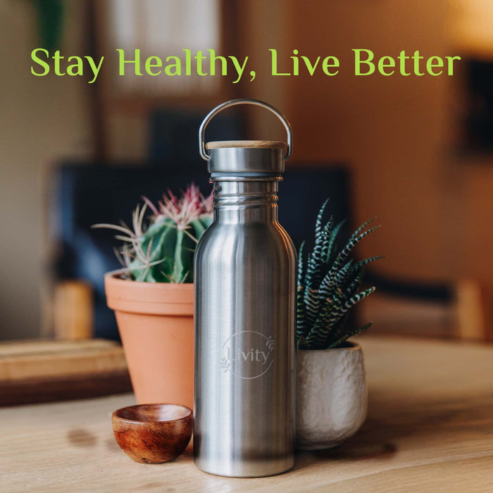 Livity Yoga - Stainless Steel Insulated Water Bottle, Slimline Water Bottle, Food-Grade, Durable & Dishwasher-Safe, Travel Water Bottle for Yoga, Pilates, and Workout, 20 Oz