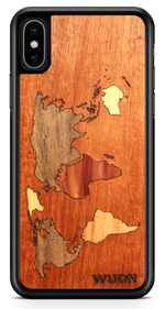 Slim Wooden Phone Case (Mahogany Inlay - World Map Traveler)