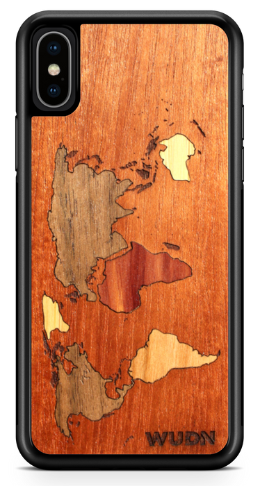 Slim Wooden Phone Case (Mahogany Inlay - World Map Traveler)