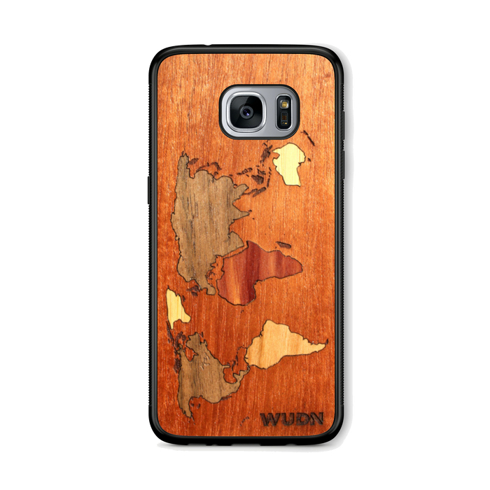 Slim Wooden Phone Case (Mahogany Inlay - World Map Traveler)