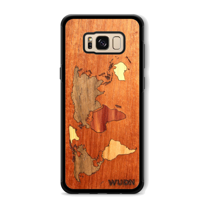 Slim Wooden Phone Case (Mahogany Inlay - World Map Traveler)