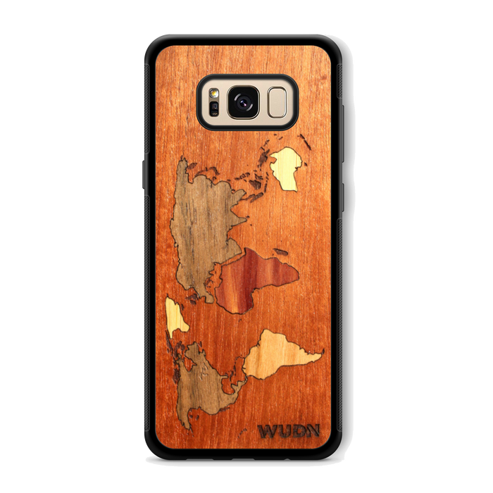 Slim Wooden Phone Case (Mahogany Inlay - World Map Traveler)