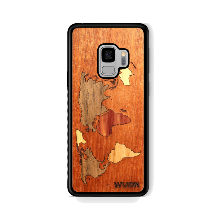 Slim Wooden Phone Case (Mahogany Inlay - World Map Traveler)