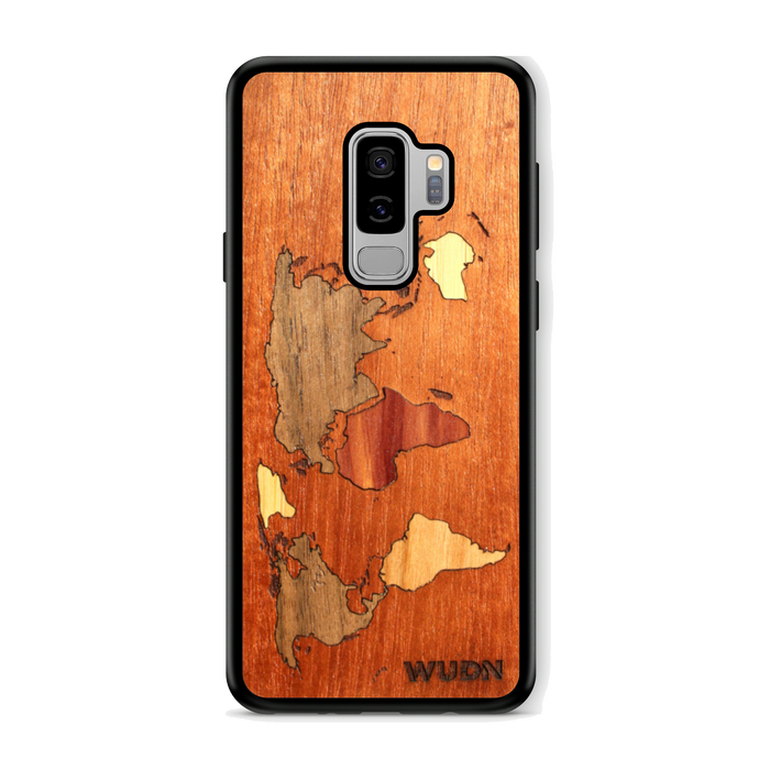 Slim Wooden Phone Case (Mahogany Inlay - World Map Traveler)