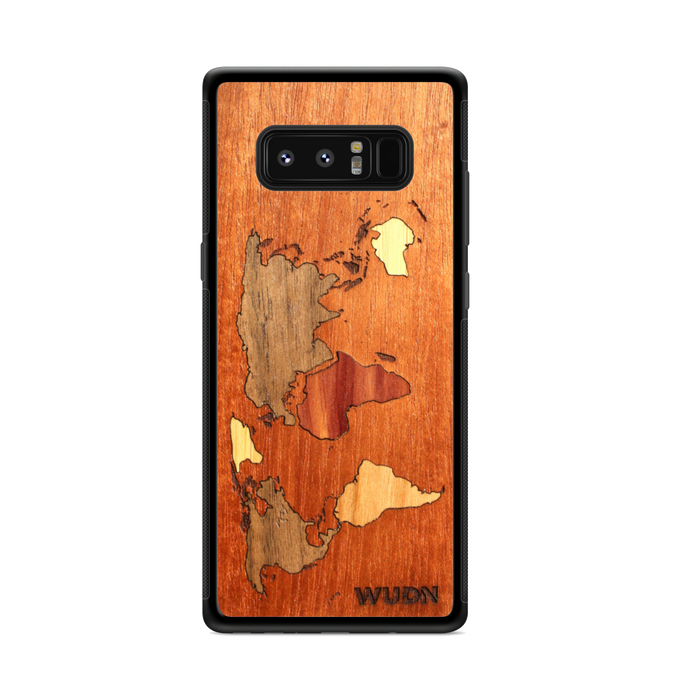 Slim Wooden Phone Case (Mahogany Inlay - World Map Traveler)