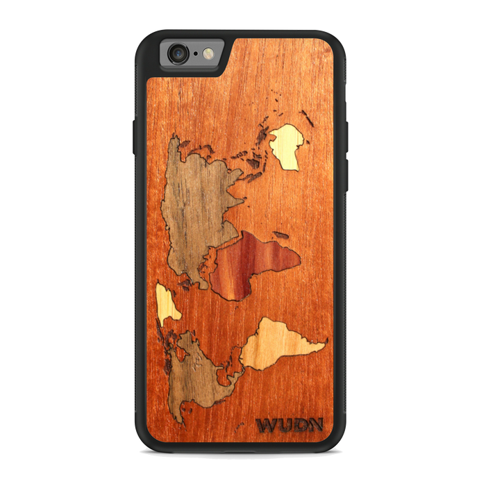 Slim Wooden Phone Case (Mahogany Inlay - World Map Traveler)