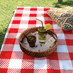 Set 2 Pack Round Rattan Wicker Tray with Mother of Pearl Inlay Wooden Base and Insert Handle for Home Decor and Display